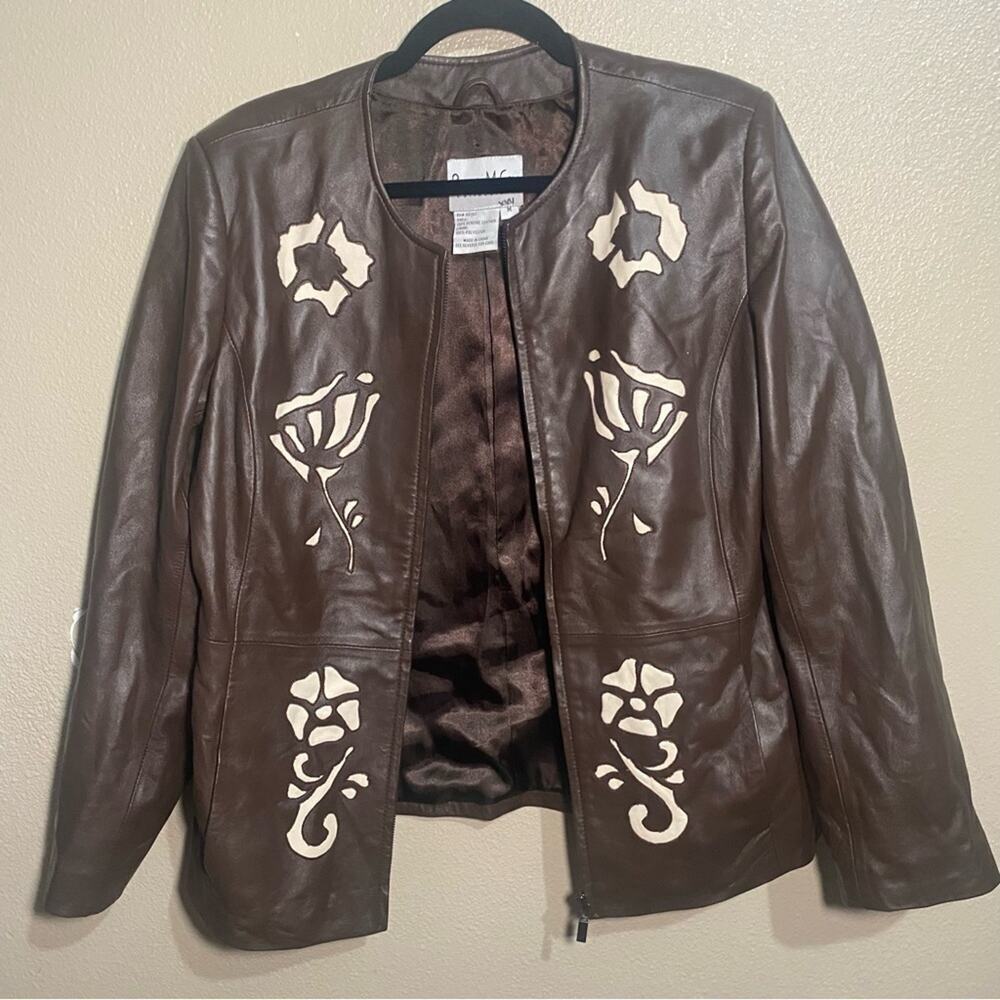 Women's M PAMELA MCCOY Brown Leather Cut-out Jacket RARE